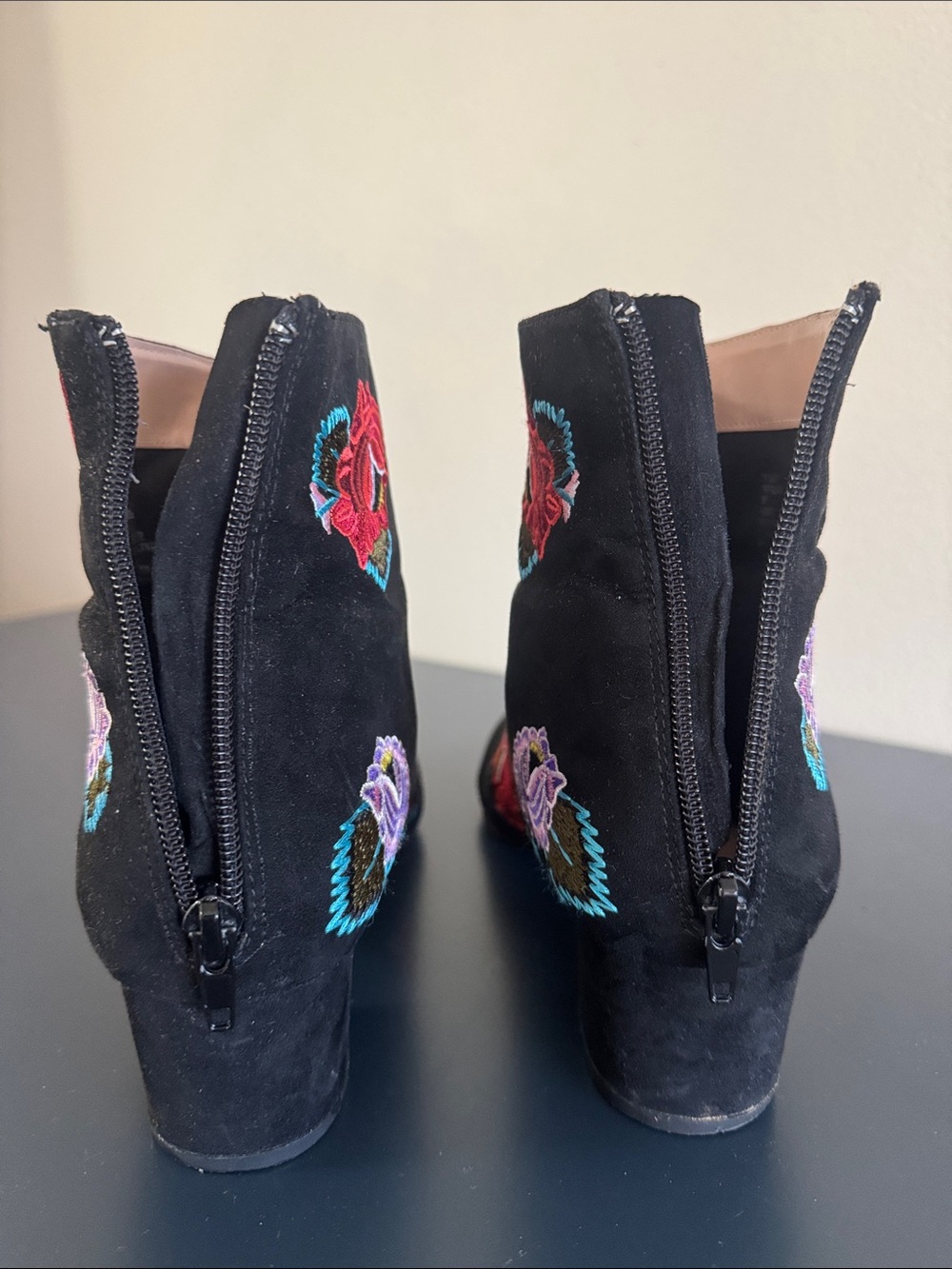Betsey Johnson Black Ankle Boots with Multicolor Floral Embroidery - Picture 6 of 8